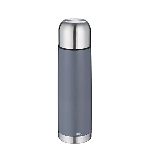 Cilio COLORE Thermoskanne mit Becher, 750ml, grau, rostfreier Edelstahl, auslaufsicher, Doppelwandsystem, Isolierflasche für unterwegs, Baby Thermosflasche