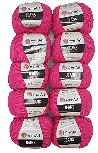 10 x 50g Strickwolle YarnArt Jeans einfarbig mit 55% Baumwolle, 500 Gramm Wolle uni (pink 59)