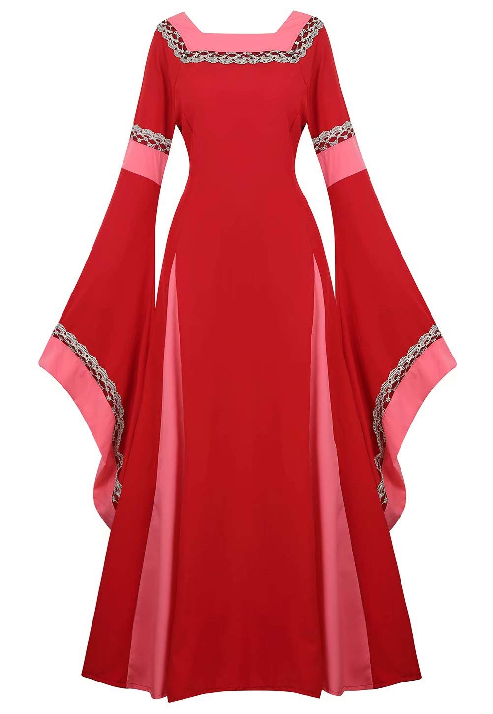 Josamogre Mittelalter Kleidung Damen Kleid mit Trompetenärmel Party Kostüm bodenlang Vintage Retro Renaissance Costume Cosplay Rot L
