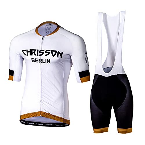 CHRISSON Essential Black-White Line Gold XL Fahrradtrikot Set - Herren Kurzarm Trikot und Kurze Trägerhose mit Gel Sitzpolster, Atmungsaktive und Schnelltrocknende Fahrradbekleidung