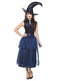 Smiffys Damen Mitternacht Hexen Kostüm, Kleid, Linsenförmige 3D Brosche und Hut, Größe: 40-42, 45112
