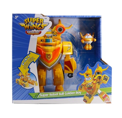 Super Wings EU770352 - Super Robot Suit Golden Boy, ca. 18 cm große verwandelbare Spiel-Figur, 2-in-1 Roboter Anzug und Super Auto, für Kinder ab 3 Jahren