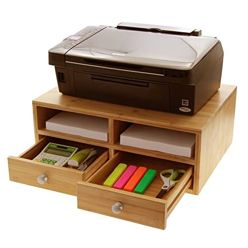 Woodquail Druckerständer Monitorständer, Schreibtisch-Organizer mit Schubladen, Druckerpapieraufbewahrung, aus Natürlichem Bambus