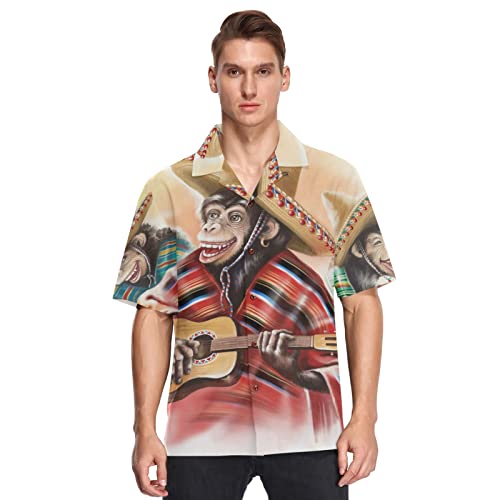 Linomo Hawaii-Hemden für Männer, lustige Affe, mexikanische Gitarre, Strandhemden, Sommerhemden, Button-Down, kurzärmelig, mehrfarbig, L