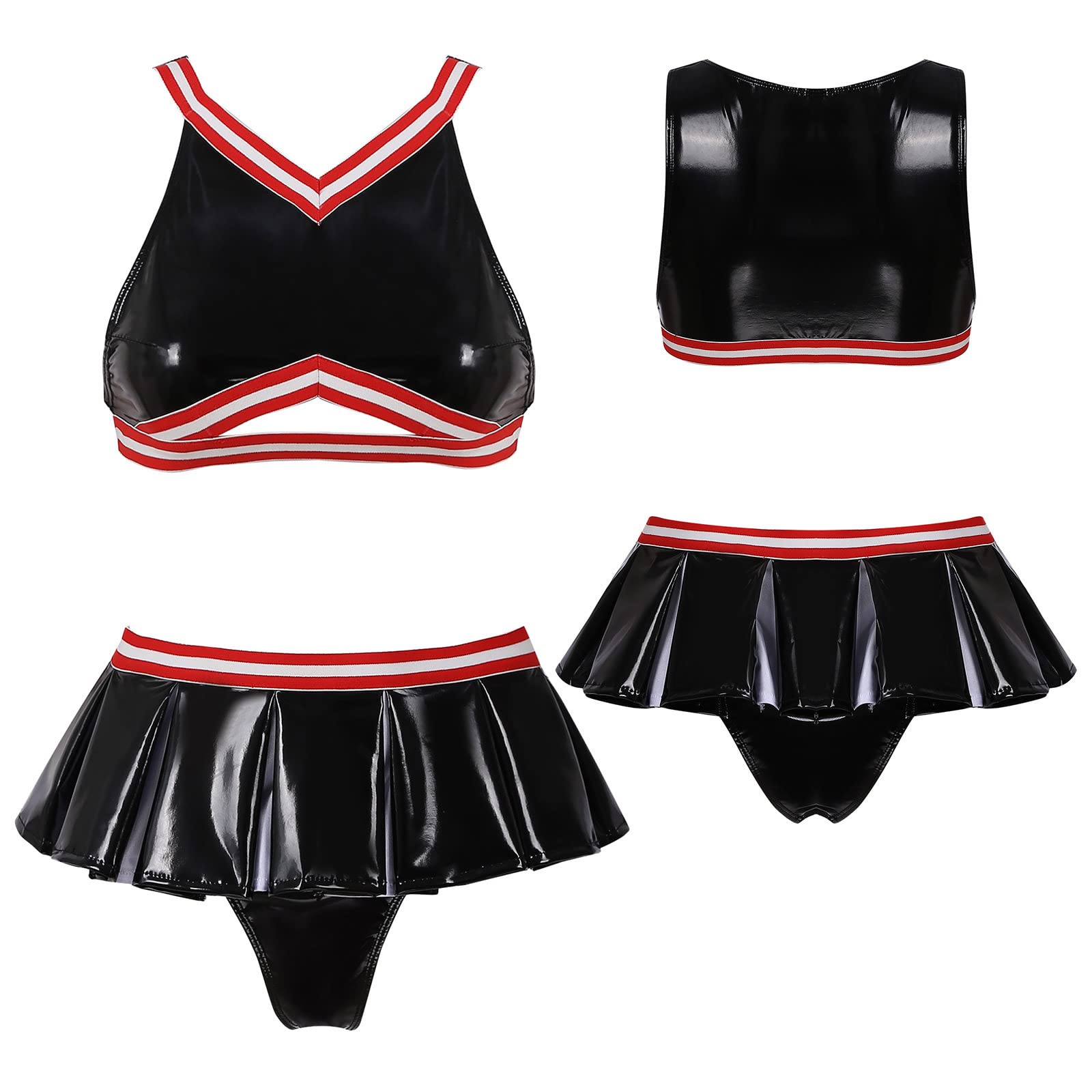 Damen Latex Lackleder Cheerleading Cosplay Outfits V-Ausschnitt Crop Top mit Falten-Minirock,Schwarz,XL