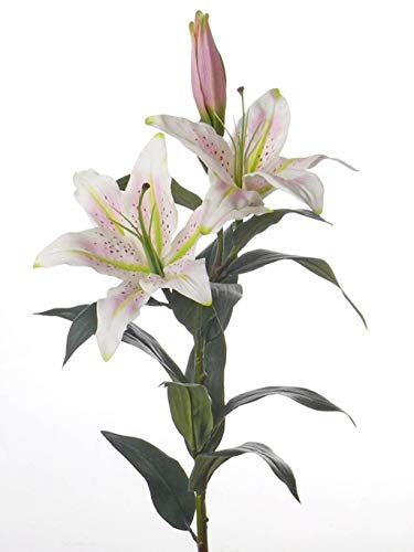 artplants.de Deko Tigerlilie, 2 Blüten, 1Knospe, 13 Blätter, weiß - pink, 90cm, Ø 20cm - Kunstlilie - Künstliche Blume