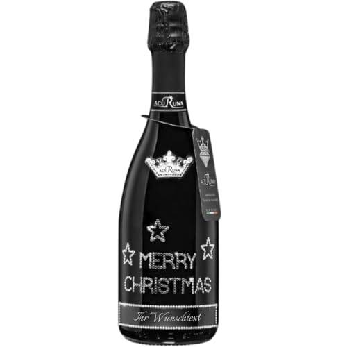 Geschenk Weihnachten personalisiert Prosecco Flasche 0,75 l mit Strass verziert Motiv: MERRY CHRISTMAS Sterne