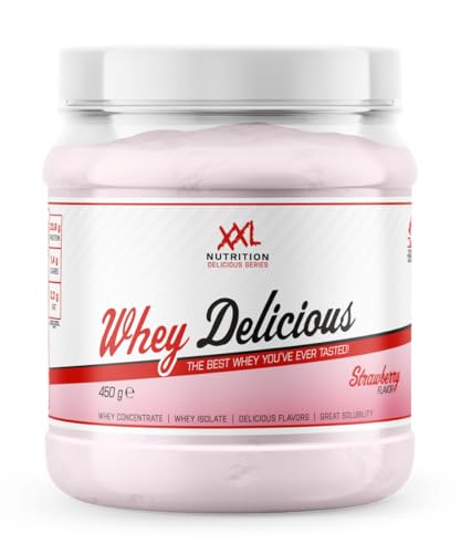 XXL Nutrition - Whey Delicious Protein Pulver - Leckerste Shake - Eiweiss Pulver, Whey Protein Isolat & Konzentrat - Hohe Qualität - 78,5% Proteingehalt - Erdbeere - 450 Gramm
