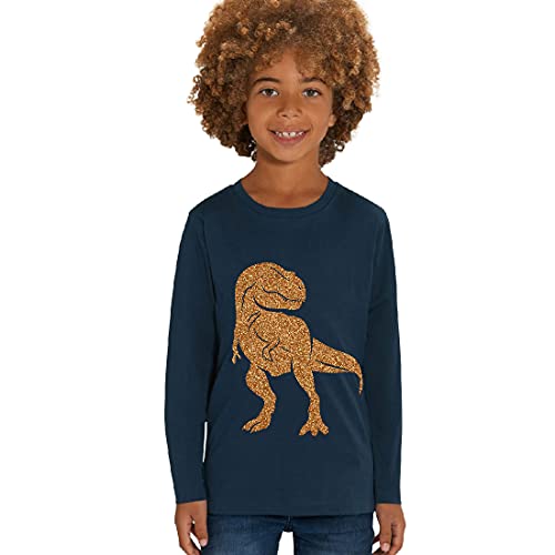 Hilltop Kinder Langarmshirt aus Biobaumwolle mit Dinosaurier Glitzer Motiv, Size:110/116, Dino:Navy-Dino Gold