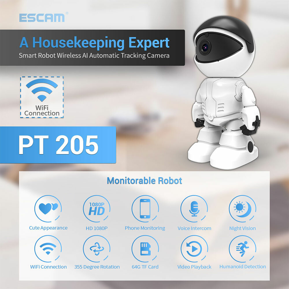 ESCAM PT205 1080P Roboter IP-Kamera Überwachungskamera 360 ° WiFi Wireless 2MP CCTV-Kamera Smart Home Videoüberwachung P