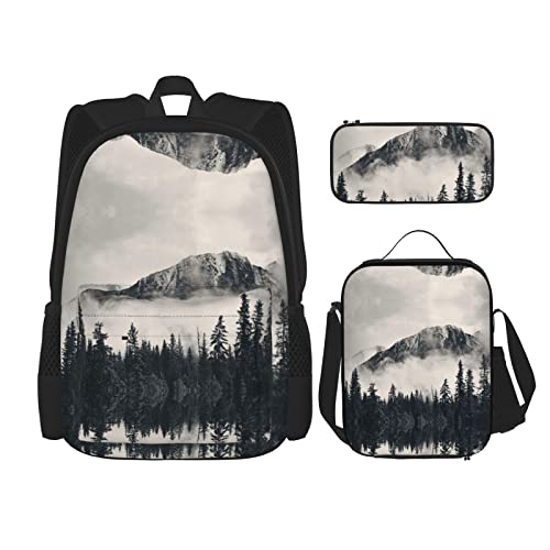Lawenp Kanadisches Smokey Mountain Cliff Schultaschen-Set mit DREI Kreuz-Lunch-Beutel-Bleistift-Beutel-Set Jungen- und Mädchen-Schultasche