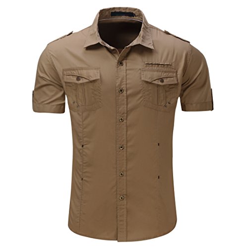 Herren Klassisch Kurz Hulse Armee Stil Formell Hemd T-Shirt Khaki XL