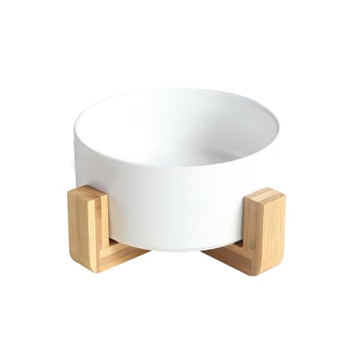 Keramik Hundenapf Futternapf mit Bambus Halter Ständer für Katzen und Hunde,Keramiknapf Futterschale für Haustiere,850ml(weiß)