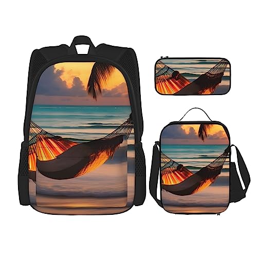 AvImYa Rucksack + Federmäppchen + Lunchtasche Kombination Schultaschen Büchertasche Mädchen Jungen Kinder Studenten Leicht Langlebig Sonnenuntergang Strand Hängematte, Schwarz , Einheitsgröße