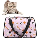 Haustiertragetasche, Faltbare Haustiertasche mit grafischem Design für Welpen zum Camping(L, Pink Kitten)