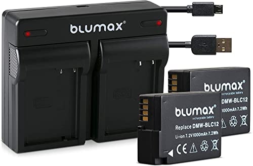 Blumax 2X Akku ersetzt Panasonic DMW-BLC12 / DMW-BLC12-E 1000mAh + Mini Dual-Ladegerät USB | kompatibel mit Lumix DMC: G5 | G6 | GX8 | G70 | G81 | GH2 | FZ200 | FZ300 | FZ1000 | FZ2000 | Leica V-Lux 4