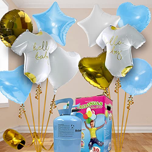 Babyparty Heliumballon Komplett Sets für Jungen mit vielen Folienballons, Helium-Ballongas Flasche und passenden Ballonbändern. (Hellblau Hello Baby)
