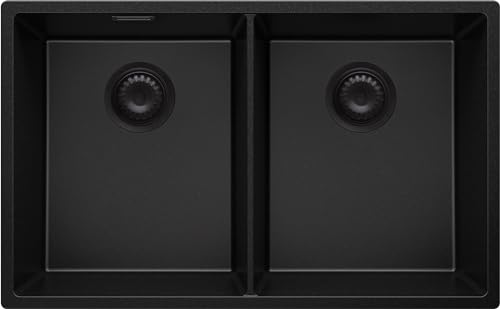 Spülbecken Schwarz 76x47 cm, Granitspüle 2 Becken + Ablauf-Set, Küchenspüle ab 80er Unterschrank, Einbauspüle von Primagran