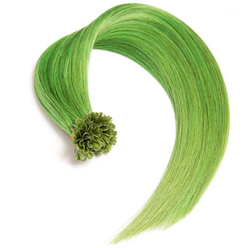 Grüne Bonding Extensions aus 100% Remy Echthaar - 25 x 0,5g 45cm Glatte Strähnen - Lange Haare mit Keratin Bondings U-Tip als Haarverlängerung und Haarverdichtung in der Farbe green