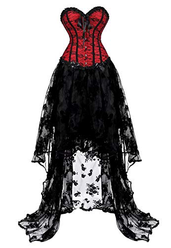 Jutrisujo vollbrust kleid corsage bustier korsett kleider spitze lang asymmetrisch rock tüllrock halloween Rot Schwarz XL