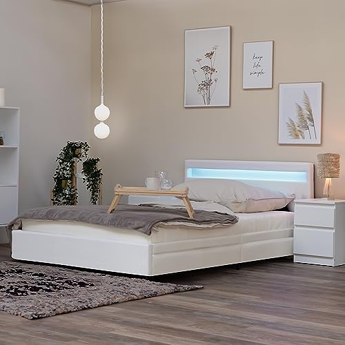 Home Deluxe - LED Bett - Nube - Weiß 140 x 200 inkl. Ortho Basic Matratze - inkl. Schublade