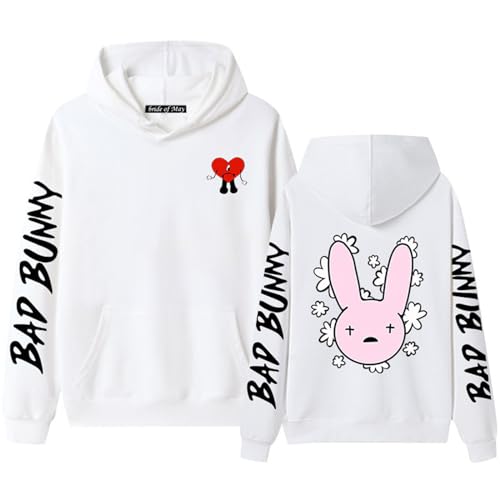 Thegis Bad Bunny Hoodie Bad Bunny Pullover Hip Hop Sweatshirt für Männer und Frauen,White-M