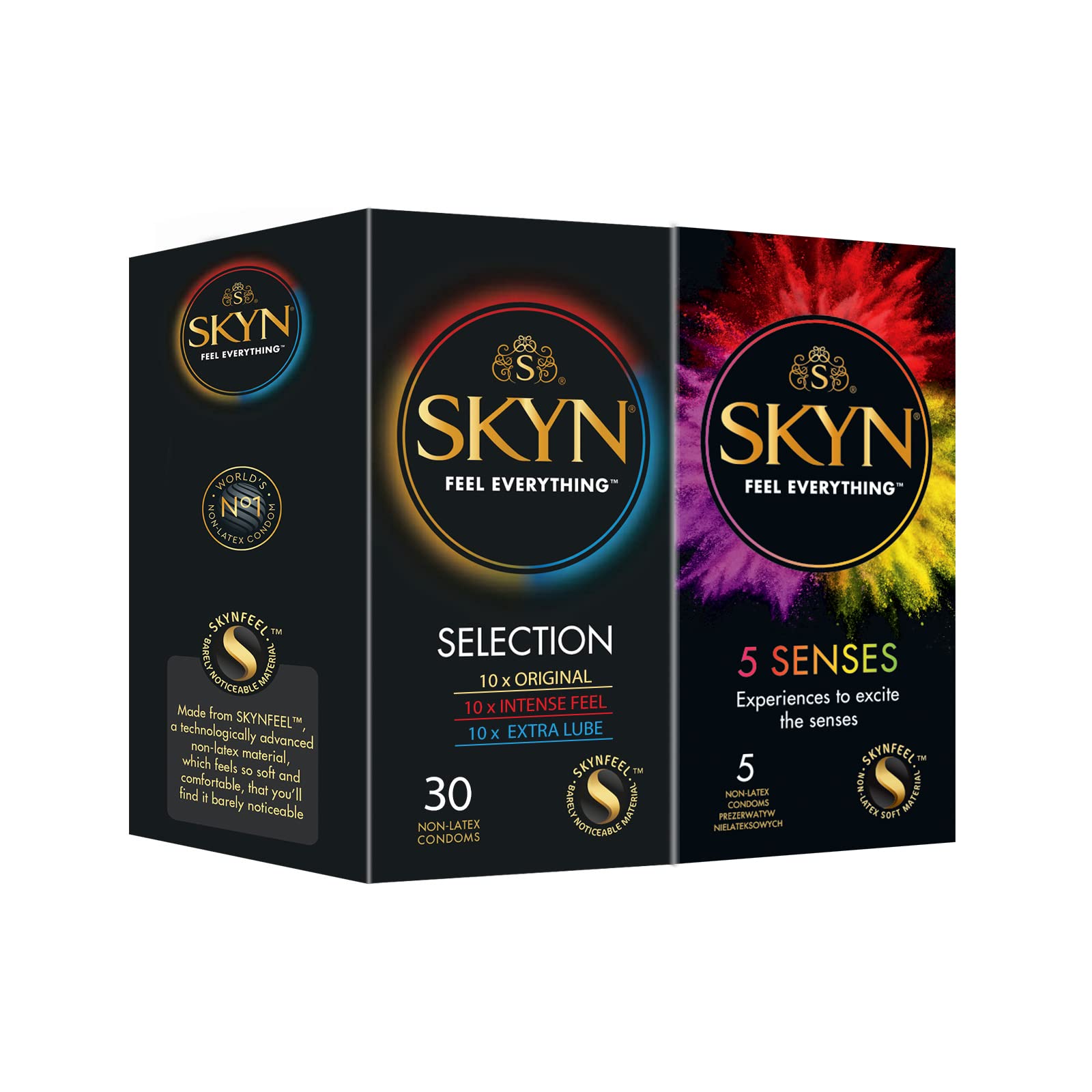 SKYN Selection Sortenbox Set Kondome (30 Stück) & 5 Senses Kondome (5 Stück) | Vielfalt Packet mit 10 Original, 10 Intense Feel & 10 Extra Lube Kondome, Gefühlsecht Skynfeel