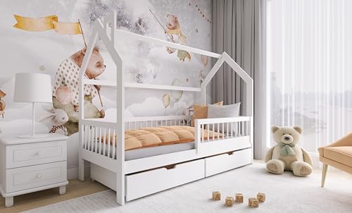 thematys® Oskar Hausbett 90x200 - Kindertraum Bett mit Schubladen, in Weiß, Grau, Hellgrau & Natur, Kindersicher und Langlebig (Weiß)