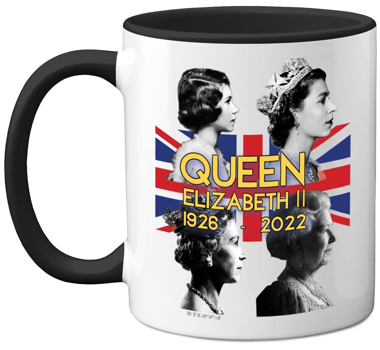 Stuff4 Queen Elizabeth II Gedenktasse – The Queen Elizabeth II Union Jack Andenken – königliche Gedenkgeschenke, Souvenirs, königliche Tassen für Sie und Ihn, 325 ml, Keramik, Schwarz
