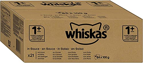 Whiskas Katzenfutter Nassfutter 1+ für erwachsene Katzen - saftige Auswahl in Sauce, 84 Portionsbeutel (1 x 84 x 100 g)