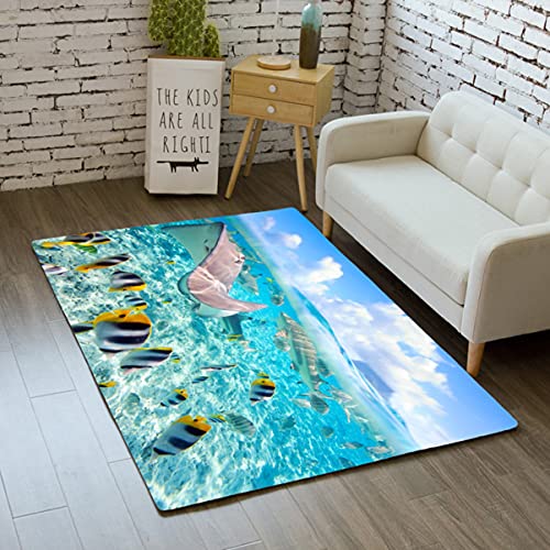 Cartoon Kinderspielplatz Teppich 3D Meerestiere Delphin Meeres Schildkröte Fisch Korallen Teppich Rutschfester Kinderzimmer Krabbelmatte Wohnzimmer Großer Dekorativer Teppich (Bunt 5,140x200cm)
