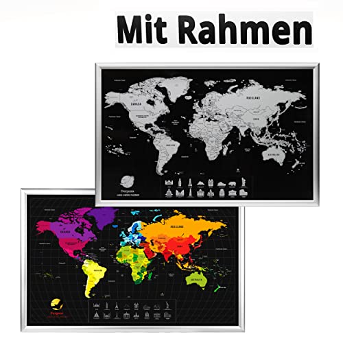 PURPOSE Weltkarte zum Rubbeln mit Rahmen | Hochwertig eingerahmte rubbel Scratch Map Off Karte | World Rubbelkarte zum Freirubbeln in Deutsch | Travel Landkarte Silber Schwarz klein (58 x 38 cm)