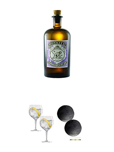 Monkey 47 Schwarzwald Dry Gin 0,5 Liter + Spiegelau Gin & Tonic 4390179 2 Gläser + Schiefer Glasuntersetzer RUND ca. 2 x 9,5 cm Durchmesser