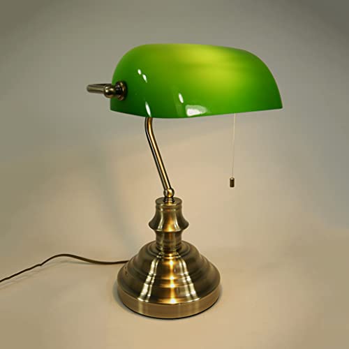 Tischleuchte Bankerslamp mit Zugschalter E27 (Höhe ca 37,5cm) Banker-Lampe Schreibtischleuchte antik messing Schirm grün Arbeitsleuchte Nachtischlampe Tischlampe antik retro Nostalgie