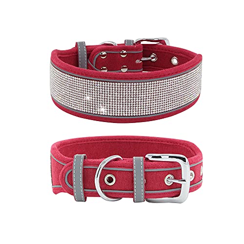 Strass-Hundehalsband, schillernd, funkelnd, weiches Wildleder, reflektierend, großes Hundehalsband, Kristall-Diamant-Halsband für mittelgroße und große Hunde (L: 48,3–58,4 cm, Rot)