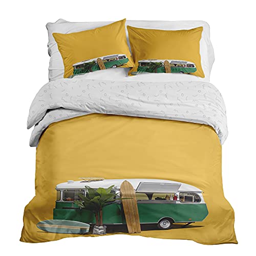 GRAVITY Bettwäsche 3 teilig Set für Gewichtsdecke - Schlaufen Bezugssystem Baumwolle Deckenbezug 150x220cm und 2X Kissenbezug 80x80cm für Erwachsene/Jugendliche Retro-Bus surfen gelb