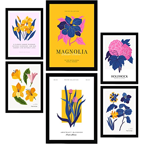 Nacnic Set mit 6 Blumen Postern. Magnolienblätter. Natur- und Botanikdrucke für Innenarchitektur und Dekoration. A3 & A4 Schwarze Rahmen.
