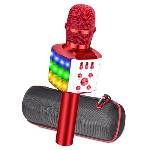 BONAOK Bluetooth Karaoke Mikrofon Kinder, 4-in-1 Kinder Karaoke mit Mikrofon, Tragbares Mikrofon mit Lautsprecher Led, Zuhause Party Karaoke Dynamische Bluetooth Mikrofone für Android/iOS (Q36 Rot)