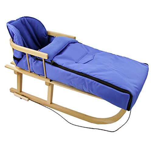 Kombi-Angebot Holz-Schlitten mit Rückenlehne & Zugseil + universaler Winterfußsack (108cm), auch geeignet für Babyschale, Kinderwagen, Buggy, Thermofleece Uni (blau + Schlitten)