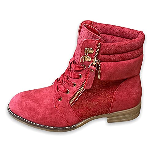 Damen Stiefeletten Schnürer Boots Spitzen-Optik Stiefel Herbst Frühling NEU W160 (Rot, numeric_39)