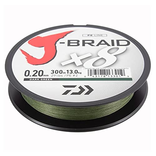 Daiwa J-Braid 8 Braid 0.13mm, 8.0kg / 18.0lbs, 300m dunkelgrün, rund geflochtene Angelschnur