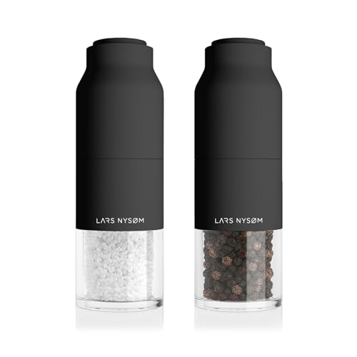 LARS NYSØM Salz und Pfeffermühlenset Edelstahl mit verstellbarem Mahlwerk I Flaschendesign Gewürzmühlen Set Manual (Onyx Black)