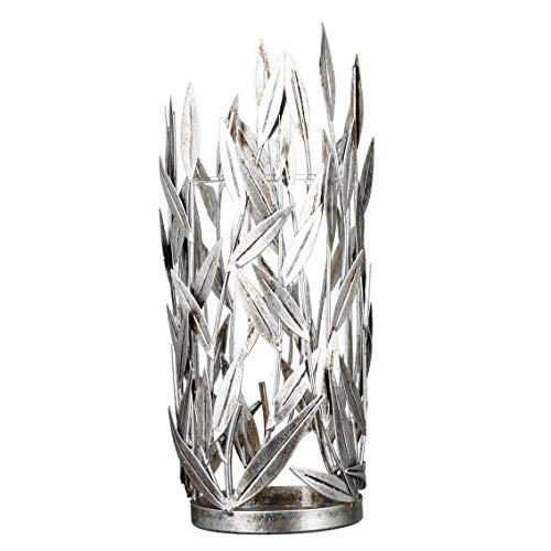 Casablanca Windlicht Twings Metall silberfarben Antikfinish Blattdesign mit Glaseinsatz H: 31 cm Ø 13 cm 84201