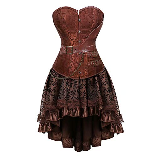 Josamogre Korsett Kleid Set Steampunk Corset Dress Gothic Piratenrock Spitze Damen Braun 3XL