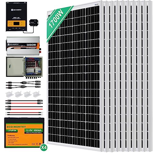ECO-WORTHY 6,8 kWh/Tag Solaranlage Komplettanlage,1700W Solarpanel System mit LiFePO4 für Netzunabhängige Haushalte:10 * 170W Solarpanel+2 * 100Ah LiFePO4+3KW Hybrid Inverter+ 60A MPPT Laderegler
