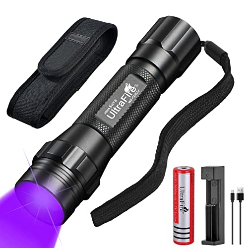 UltraFire UV LED Taschenlampe 395-405nm Schwarzlicht Zoombare Single Modus Ultraviolett Licht mit Wiederaufladbarem Batterie und Ladegerät, Holster, für Getrocknete Urinflecken, Aushärtende Harze