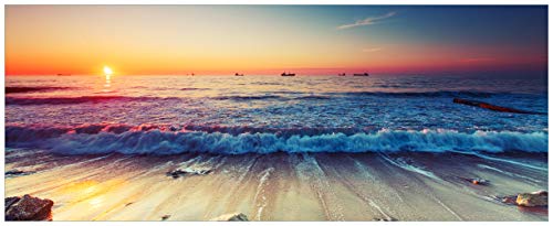 Wallario Glasbild Sonnenuntergang am Meer mit Wellen am Strand - 50 x 125 cm Wandbilder Glas in Premium-Qualität: Brillante Farben, freischwebende Optik