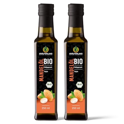 Kräuterland Bio Mandelöl 500ml - 2x 250ml Mandelöl, kaltgepresst, naturrein, vegan - als Speiseöl zum Kochen & Backen oder als Naturkosmetik zur Haut- und Haarpflege