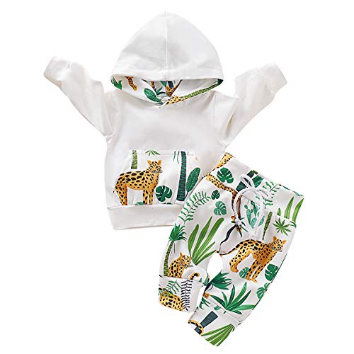 Borlai Neugeborenes Baby Kleidung Anzug Langarm Hoodie Cute Cartoon Print Top und Hose Outfits für 0-18 Monate Jungen Mädchen [Wald Gepard] Gr. 6-12 Monate, weiß