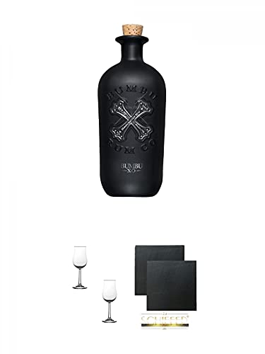 Bumbu - XO - Spirituose auf Rumbasis 35% (Schwarze Flasche) 0,7 Liter + Nosing Gläser Kelchglas Bugatti mit Eichstrich 2cl und 4cl - 2 Stück + Schiefer Glasuntersetzer eckig ca. 9,5 cm Ø 2 Stück